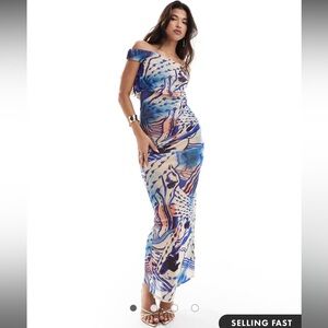ASOS DESIGN mesh slouchy off the shoulder maxi dress ruched abstract print